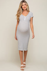 White Striped Ribbed Fitted Maternity Midi Dress