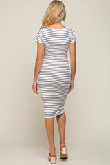 White Striped Ribbed Fitted Maternity Midi Dress