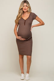 Brown Striped Ribbed Fitted Maternity Midi Dress