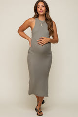 Light Olive Ribbed Sleeveless Side Slit Maternity Midi Dress