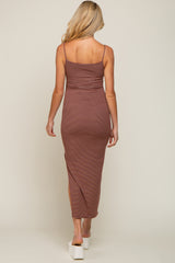 Brown Striped Sleeveless Fitted Maternity Maxi Dress