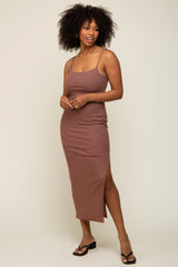 Brown Striped Sleeveless Fitted Maxi Dress