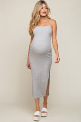 Grey Striped Sleeveless Fitted Maternity Maxi Dress