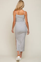 Grey Striped Sleeveless Fitted Maternity Maxi Dress