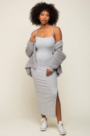 Grey Striped Sleeveless Fitted Maxi Dress