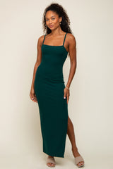 Forest Green Ribbed Side Slit Midi Dress