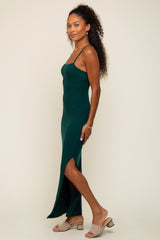 Forest Green Ribbed Side Slit Midi Dress