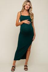 Forest Green Ribbed Side Slit Maternity Midi Dress