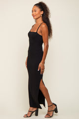 Black Ribbed Side Slit Midi Dress