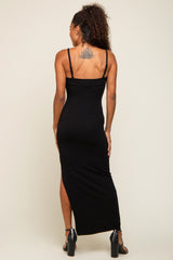 Black Ribbed Side Slit Midi Dress