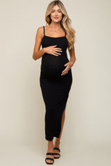 Black Ribbed Side Slit Maternity Midi Dress