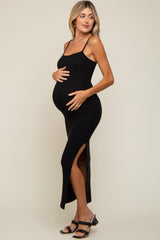 Black Ribbed Side Slit Maternity Midi Dress