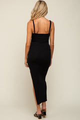 Black Ribbed Side Slit Maternity Midi Dress