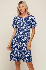 Navy Blue Floral Short Sleeve Dress