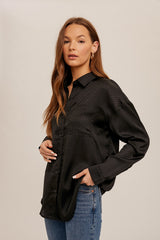 Black Satin Checkered Print Maternity Blouse