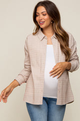 Taupe Plaid Stitched Button-Down Maternity Top