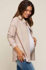 Taupe Plaid Stitched Button-Down Maternity Top