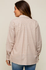 Taupe Plaid Stitched Button-Down Maternity Top