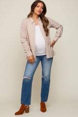 Taupe Plaid Stitched Button-Down Maternity Top