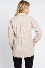 Taupe Plaid Stitched Button-Down Top