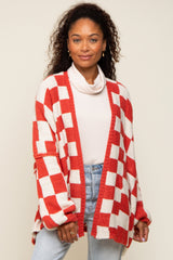 Rust Checkered Print Oversized Maternity Cardigan