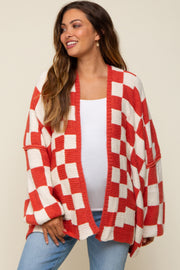 Rust Checkered Print Oversized Maternity Cardigan