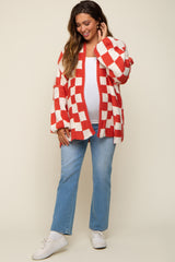 Rust Checkered Print Oversized Maternity Cardigan