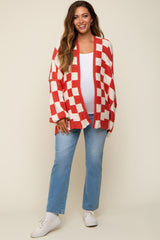 Rust Checkered Print Oversized Maternity Cardigan