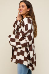 Brown Checkered Print Oversized Maternity Cardigan