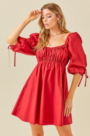 Red Ruched Puff Sleeve Dress