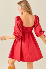 Red Ruched Puff Sleeve Dress