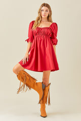 Red Ruched Puff Sleeve Dress