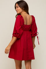 Red Ruched Puff Sleeve Maternity Dress