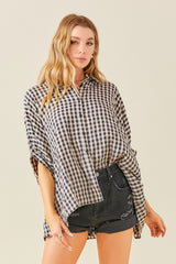 Black Gingham Button Up Collared Boxy Top