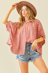 Burgundy Gingham Button Up Collared Boxy Maternity Top