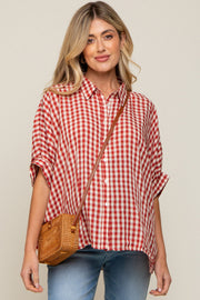 Burgundy Gingham Button Up Collared Boxy Maternity Top