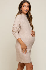 Beige Knit Long Sleeve Maternity Sweater Dress