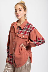 Rust Plaid Button Down Raw Hem Maternity Shirt