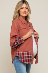 Rust Plaid Button Down Raw Hem Maternity Shirt