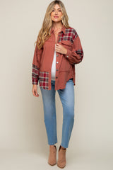 Rust Plaid Button Down Raw Hem Maternity Shirt