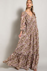 Mocha Floral Chiffon Button Front Smocked Waist Maternity Maxi Dress