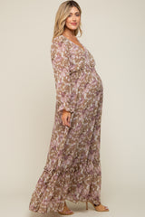 Mocha Floral Chiffon Button Front Smocked Waist Maternity Maxi Dress