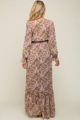 Mocha Floral Chiffon Button Front Smocked Waist Maternity Maxi Dress