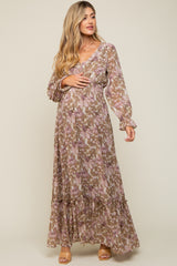 Mocha Floral Chiffon Button Front Smocked Waist Maternity Maxi Dress