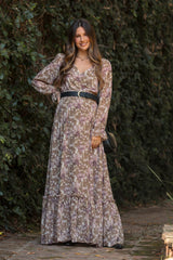 Mocha Floral Chiffon Button Front Smocked Waist Maternity Maxi Dress