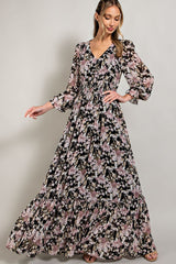 Black Floral Chiffon Button Front Smocked Waist Maternity Maxi Dress