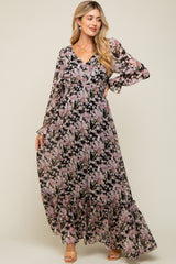 Black Floral Chiffon Button Front Smocked Waist Maternity Maxi Dress