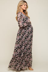 Black Floral Chiffon Button Front Smocked Waist Maternity Maxi Dress