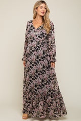 Black Floral Chiffon Button Front Smocked Waist Maternity Maxi Dress