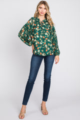 Forest Green Floral Ruffle Accent Top